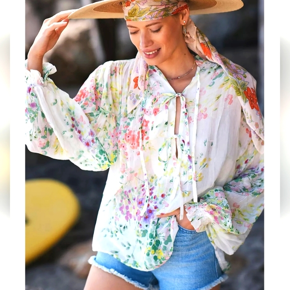 Sabina Musayev Floral Puff Sleeve Tie Top Size S White Multicolor - Picture 2 of 11